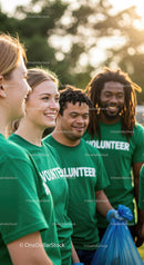 Diverse Group of Volunteers Smiling in Outdoor Setting