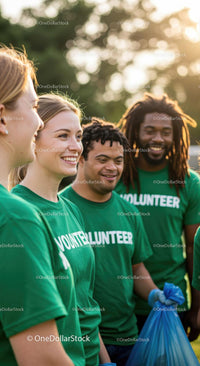 Diverse Group of Volunteers Smiling in Outdoor Setting