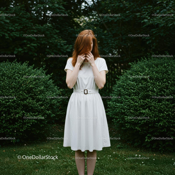 Redhead Woman in White Dress Amidst Lush Greenery