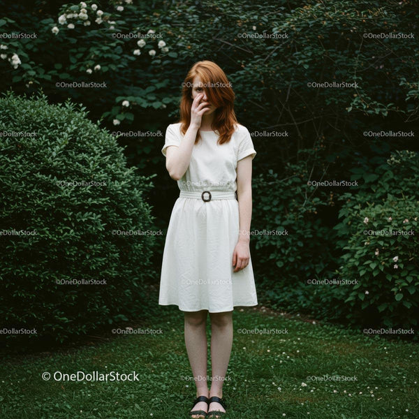 Redhead Woman in White Dress in Lush Green Garden