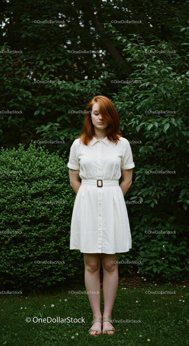 Redhead Woman in White Dress Surrounded by Green Foliage