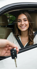 Smiling Woman Receiving Car Keys in a Vehicle