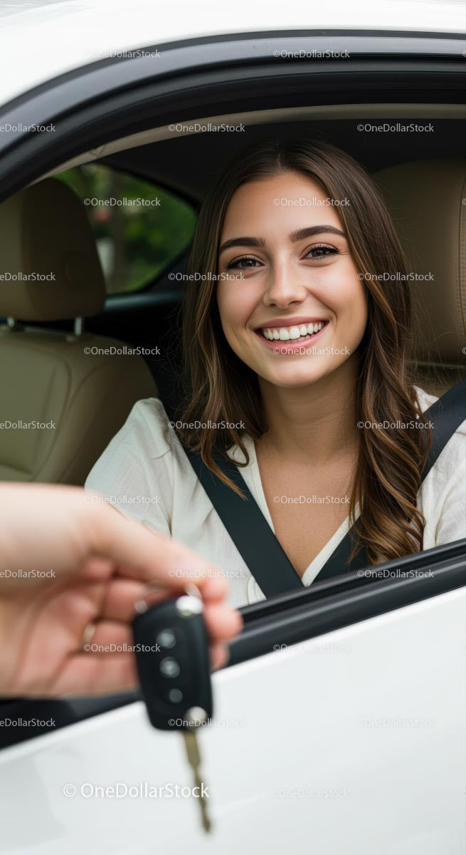 Smiling Woman Receiving Car Keys in a Vehicle