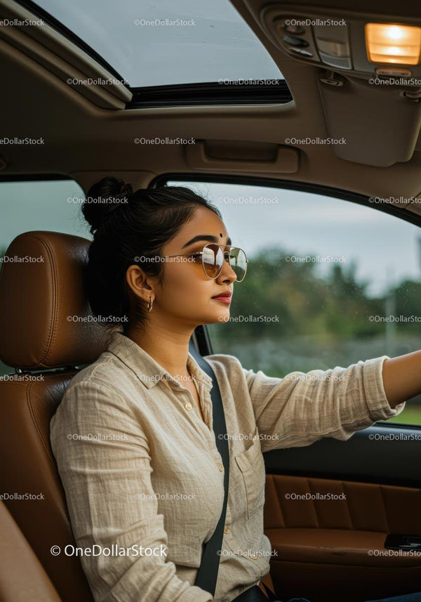 Confident Woman Driving on a Sunny Day in Modern Car