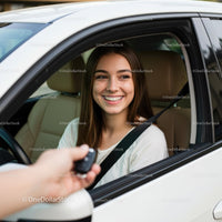 Smiling Young Woman Receiving Car Keys in Driver's Seat