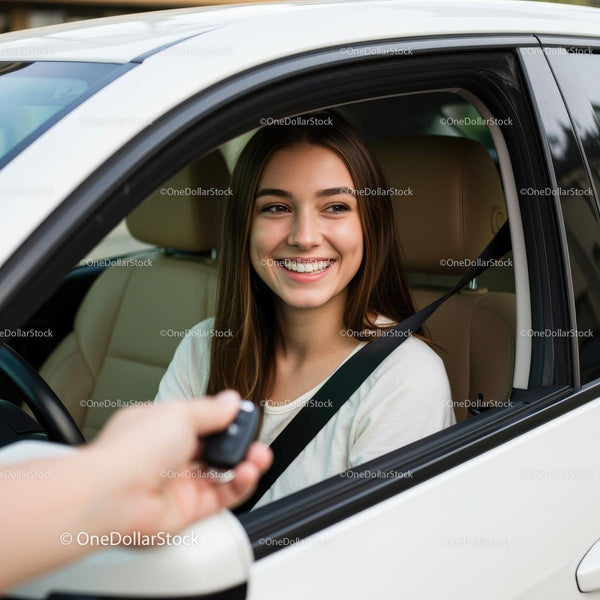 Smiling Young Woman Receiving Car Keys in Driver's Seat