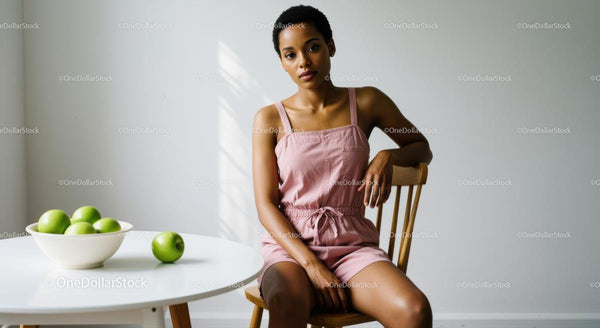 Woman in Pink Romper with Green Apples on White Table