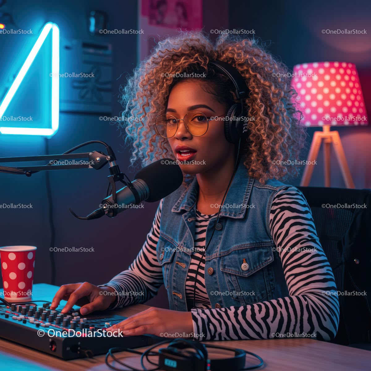 Podcast Host in Vibrant Studio Setting
