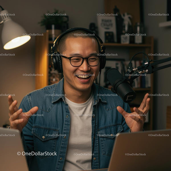 Uśmiechnięty podcaster w domowym studiu z profesjonalnym mikrofonem