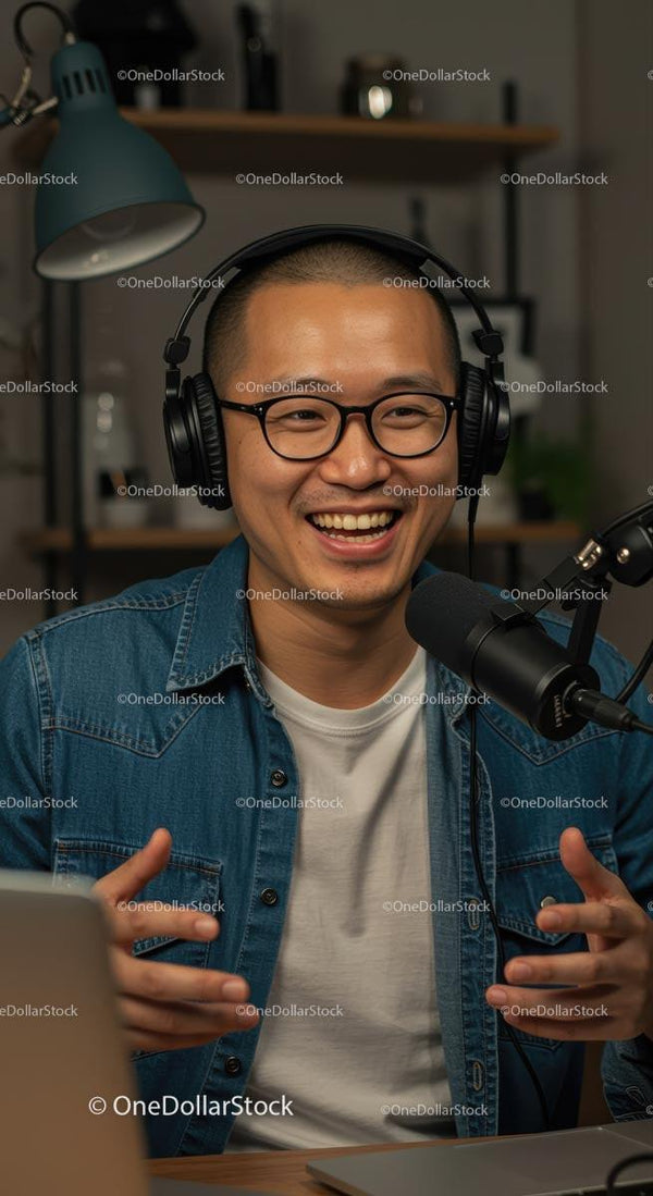 Uśmiechnięty Podcaster z Słuchawkami w Studiu Nagrywającym