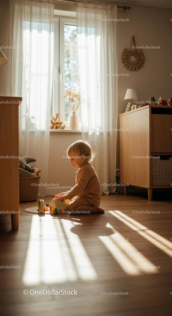 Maluch cieszy się kreatywną zabawą w słonecznym pokoju dziecięcym