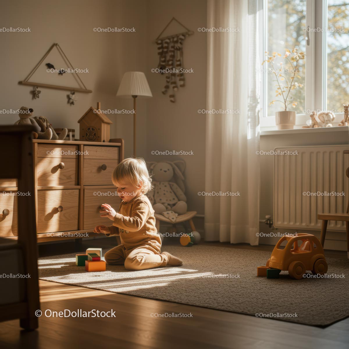 Toddler Playing with Wooden Blocks in Cozy Room
