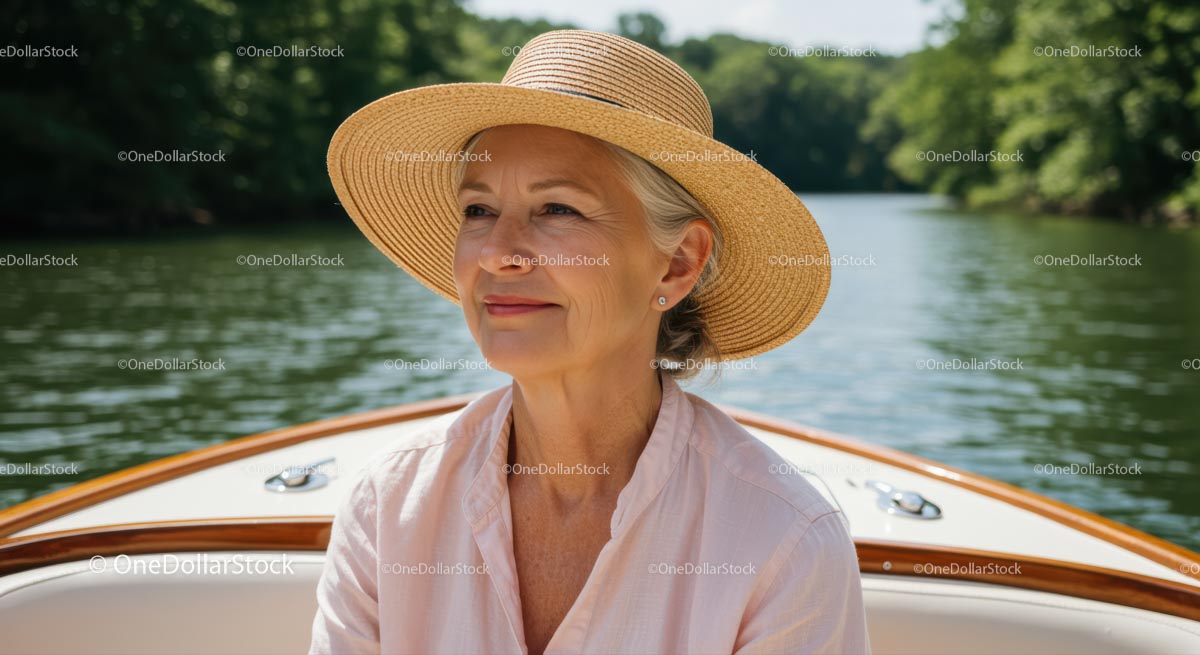 Elderly Woman Enjoying a Serene Boat Ride on a Sunny Day
