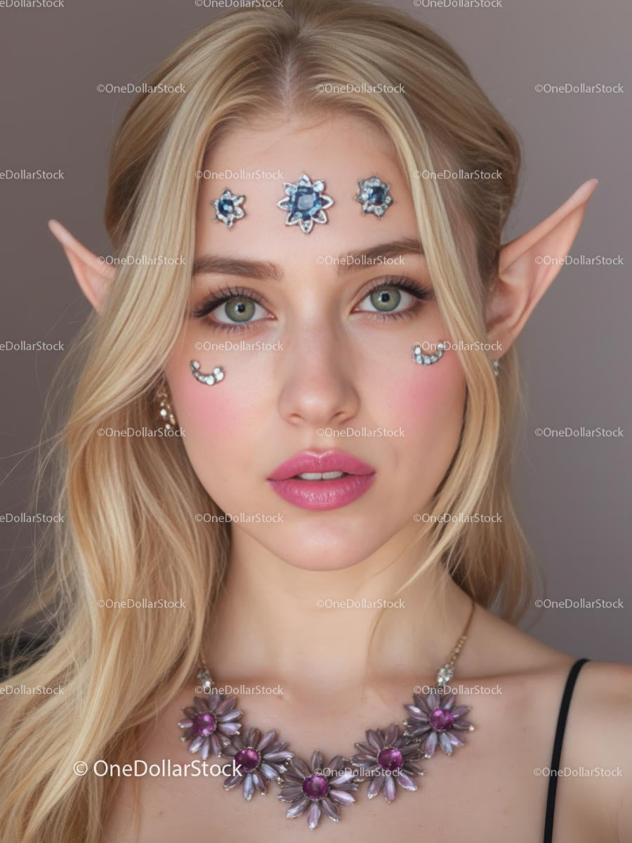 Blond elfka z fantazyjnym makijażem zdobionym klejnotami
