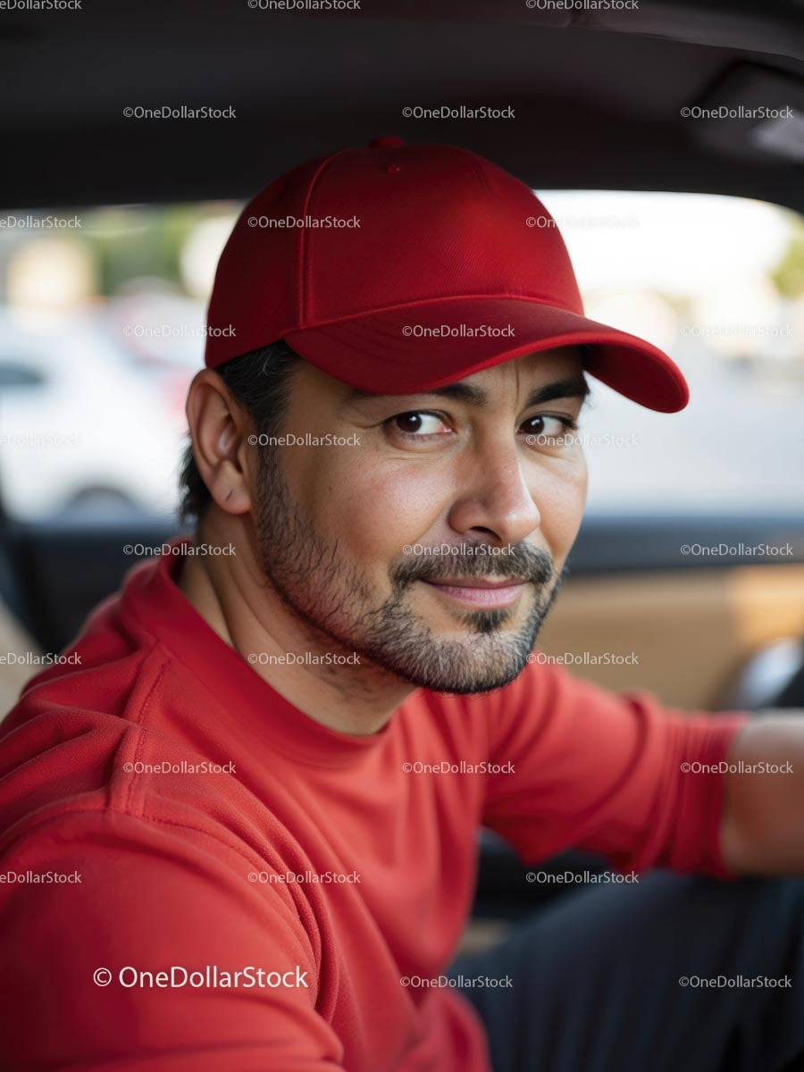 Man in Red Cap Driving a Car on a Sunny Day