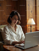 Woman Working in Cozy Wooden Home Office