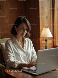 Woman Working in Cozy Wooden Home Office