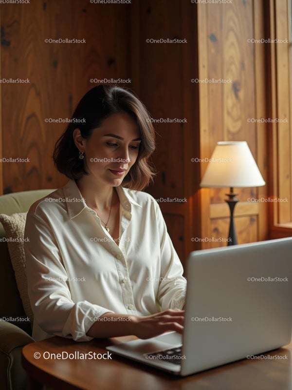 Woman Working in Cozy Wooden Home Office