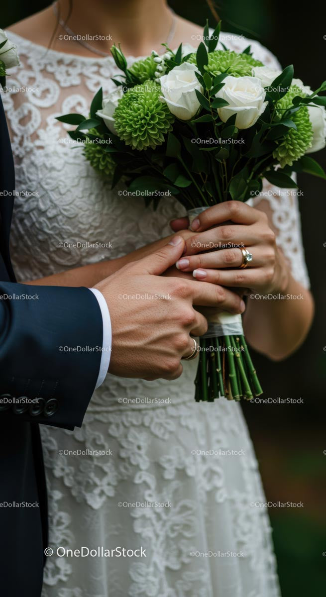 Bride and Groom Holding Green and White Bouquet