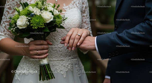 Bride and Groom Holding Hands with Floral Bouquet