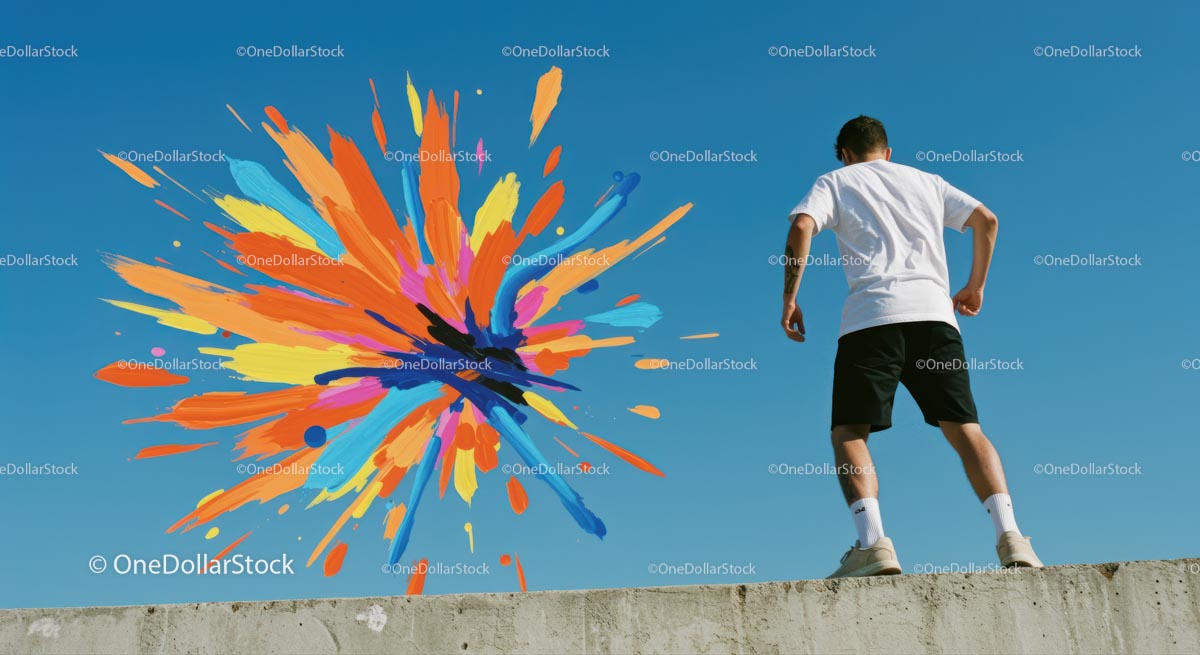 Dynamic Urban Art with Vibrant Color Splash and Young Man