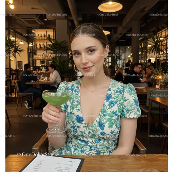 Young Woman Enjoying a Green Cocktail in a Cafe