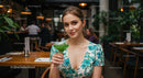 Woman Enjoying Green Cocktail in Elegant Cafe