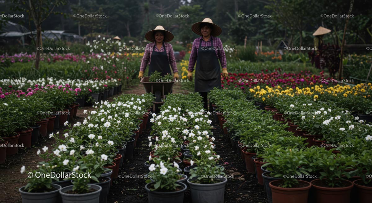 Gardeners Nurturing Vibrant Flower Farm with Potted Blooms