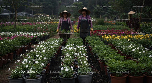 Gardeners Nurturing Vibrant Flower Farm with Potted Blooms