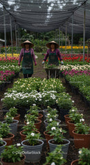 Asian Gardeners Tending Vibrant Flower Nursery