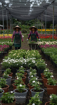 Asian Gardeners Tending Vibrant Flower Nursery