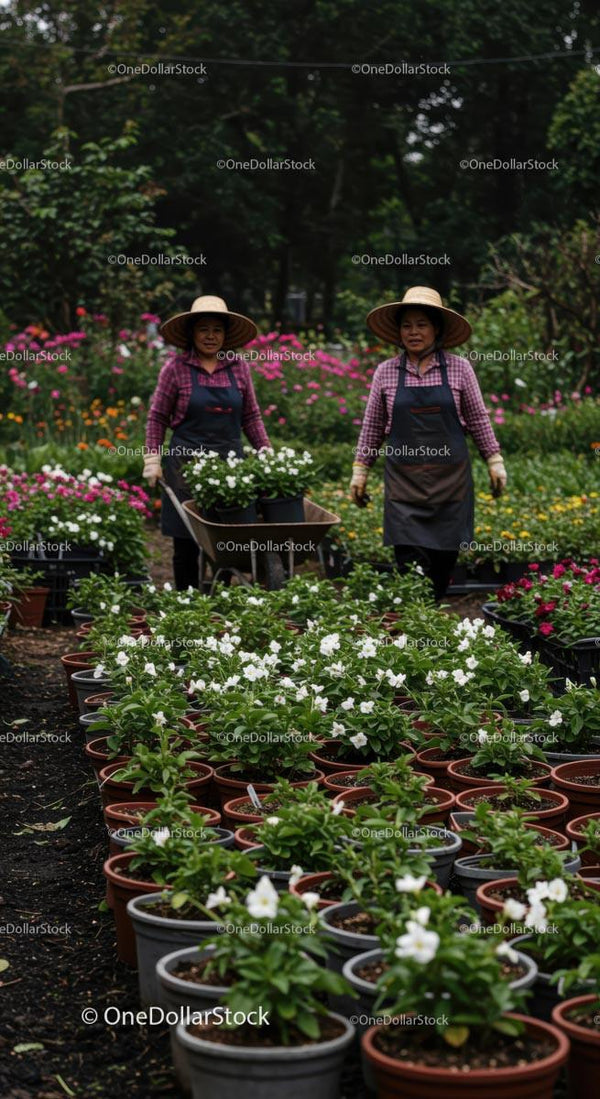 Women Cultivating Blossoming Garden at Flower Nursery