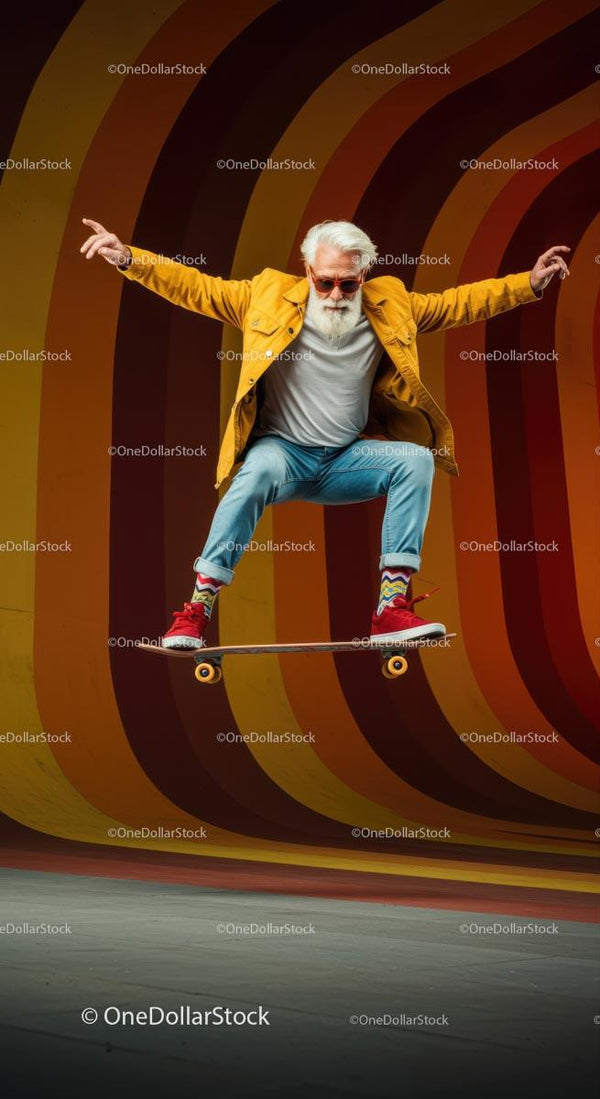 Elderly Man Performing Skateboard Trick in Colorful Tunnel