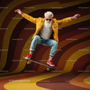 Elderly Man in Stylish Attire Doing Skateboard Trick