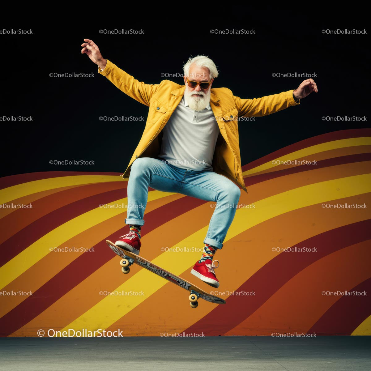Dynamic Senior Skateboarder in Bright Urban Style