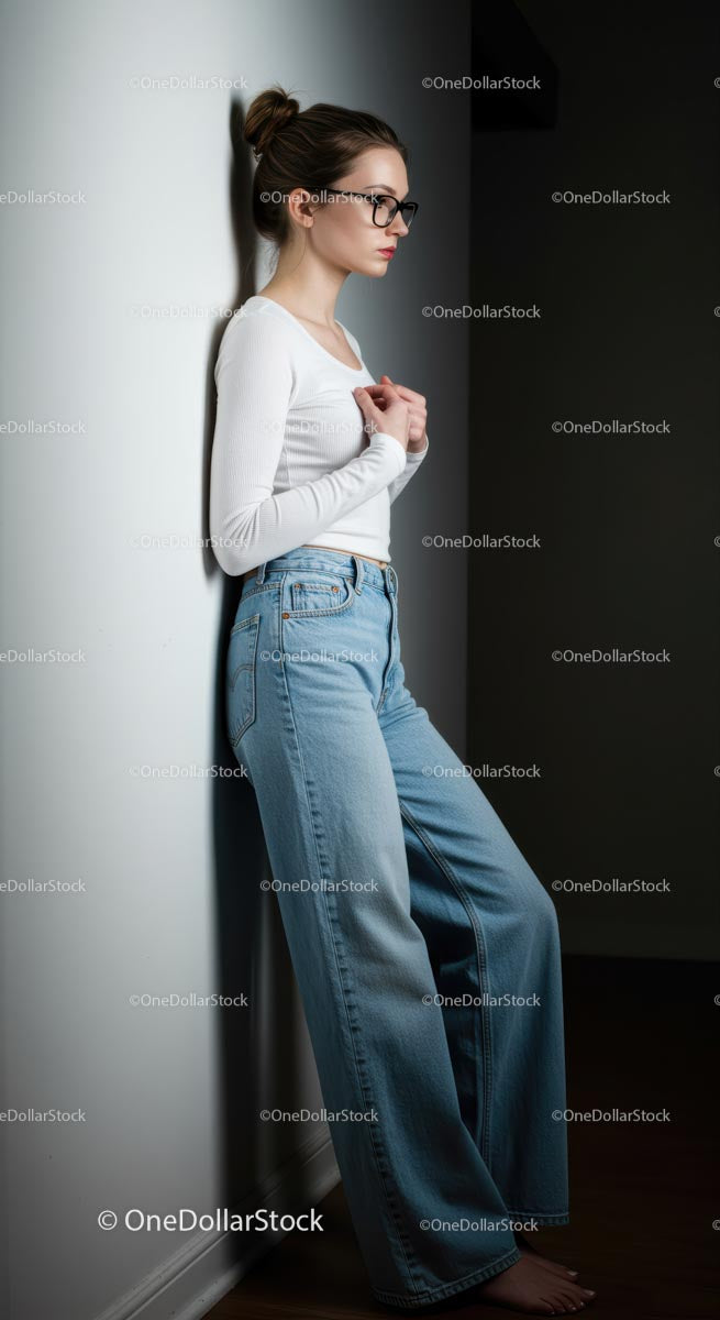 Thoughtful Woman Leaning Against Wall in Casual Outfit