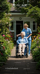 Nurse Assisting Senior Woman in a Lush Garden