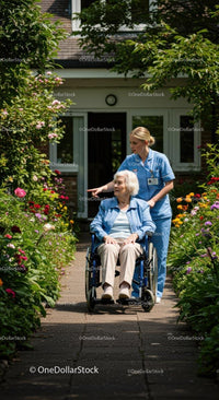 Nurse Assisting Senior Woman in a Lush Garden