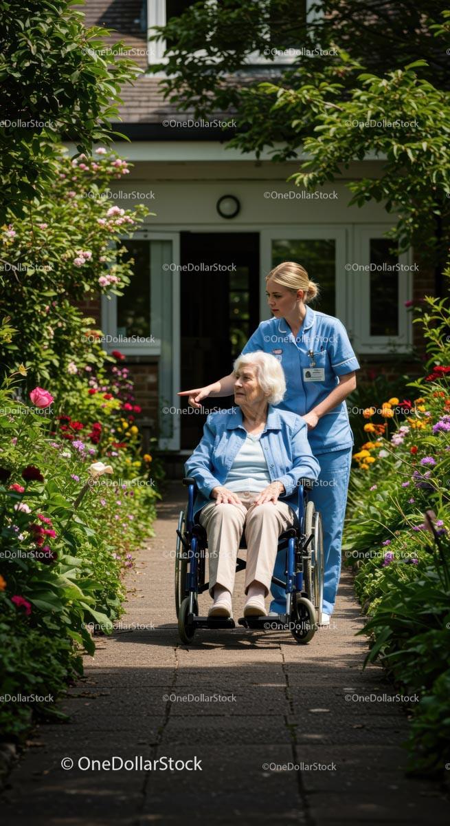Nurse Assisting Senior Woman in a Lush Garden