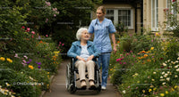Elderly Woman Assisted by Nurse in Lush Garden