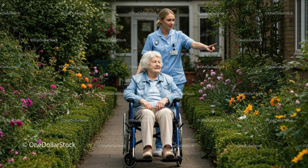 Nurse Assisting Elderly Woman Through Garden Pathway