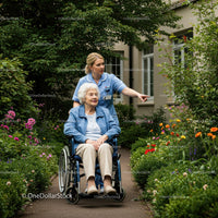 Caregiver and Senior Woman in a Lush Garden Walk