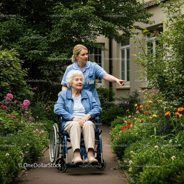 Caregiver and Senior Woman in a Lush Garden Walk