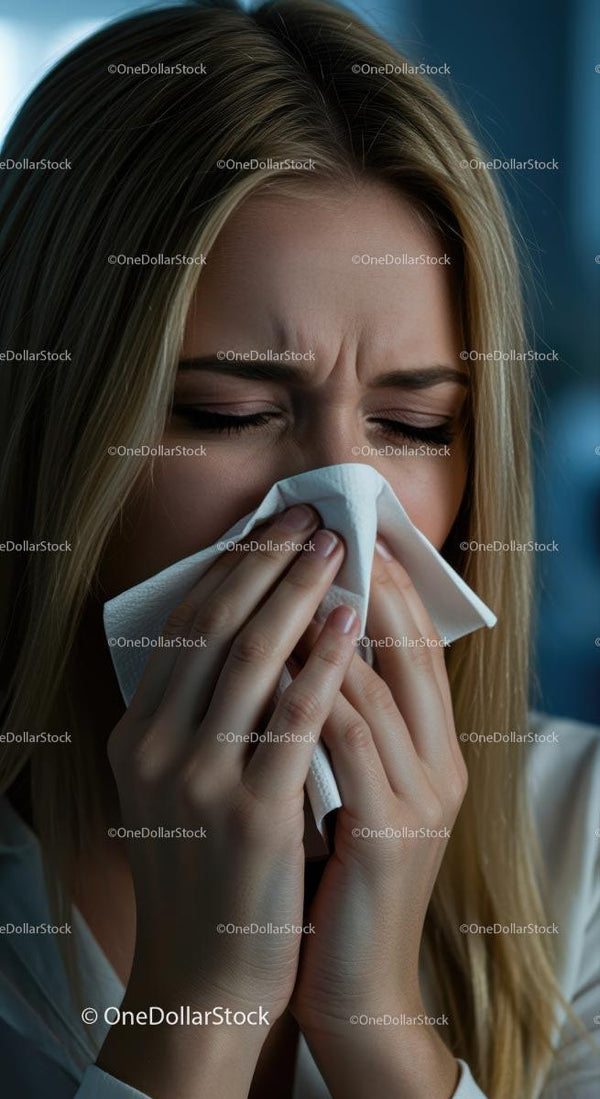 Woman Sneezing Indoors Using a Tissue for Allergy Relief
