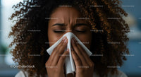 Woman Sneezing into Tissue with Curly Hair