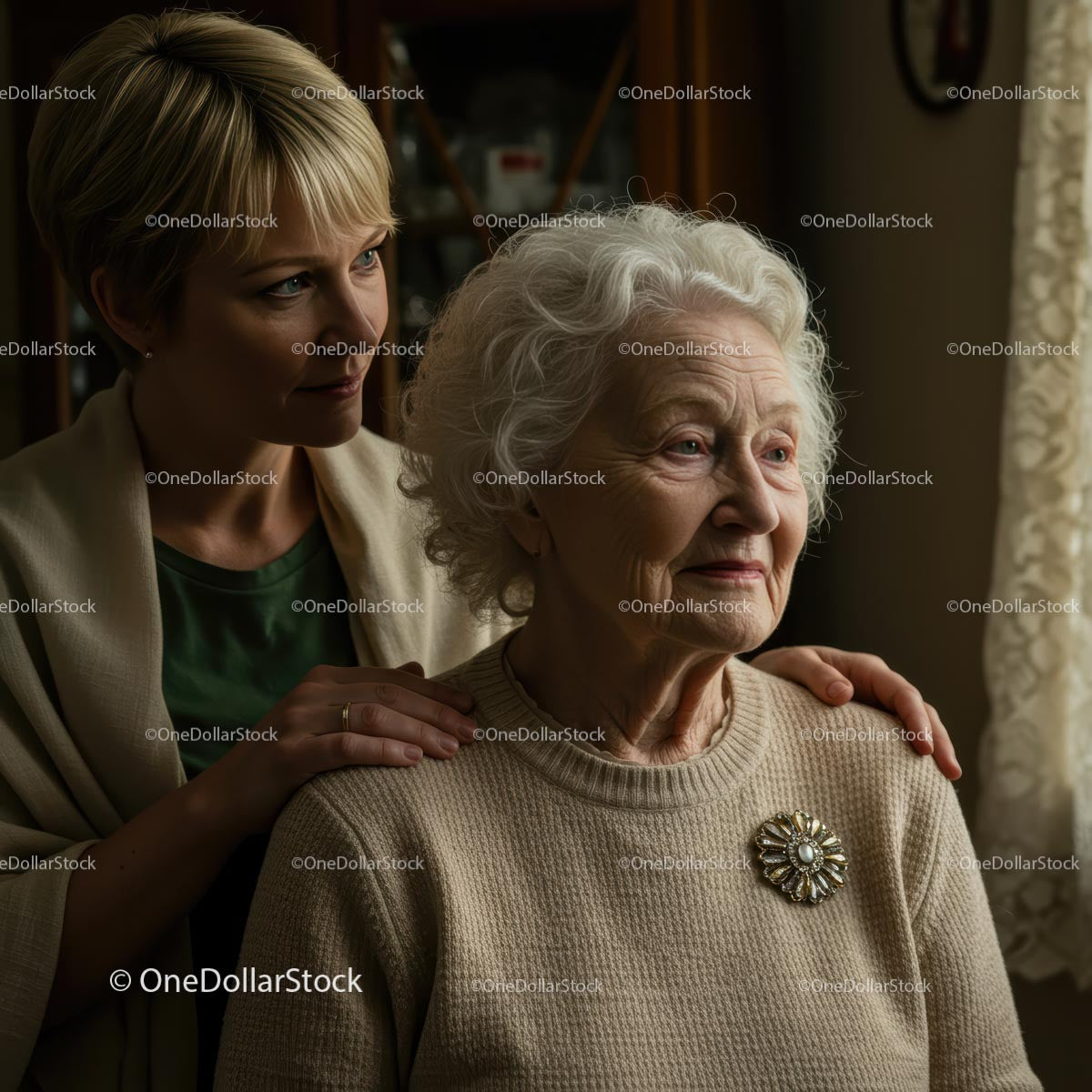 Elderly Woman and Daughter in a Warm, Tender Moment