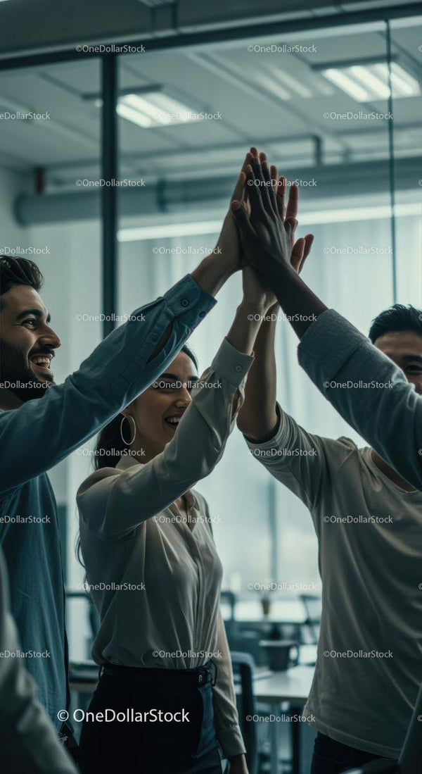 Business Team Celebrating Success with High Five in Office