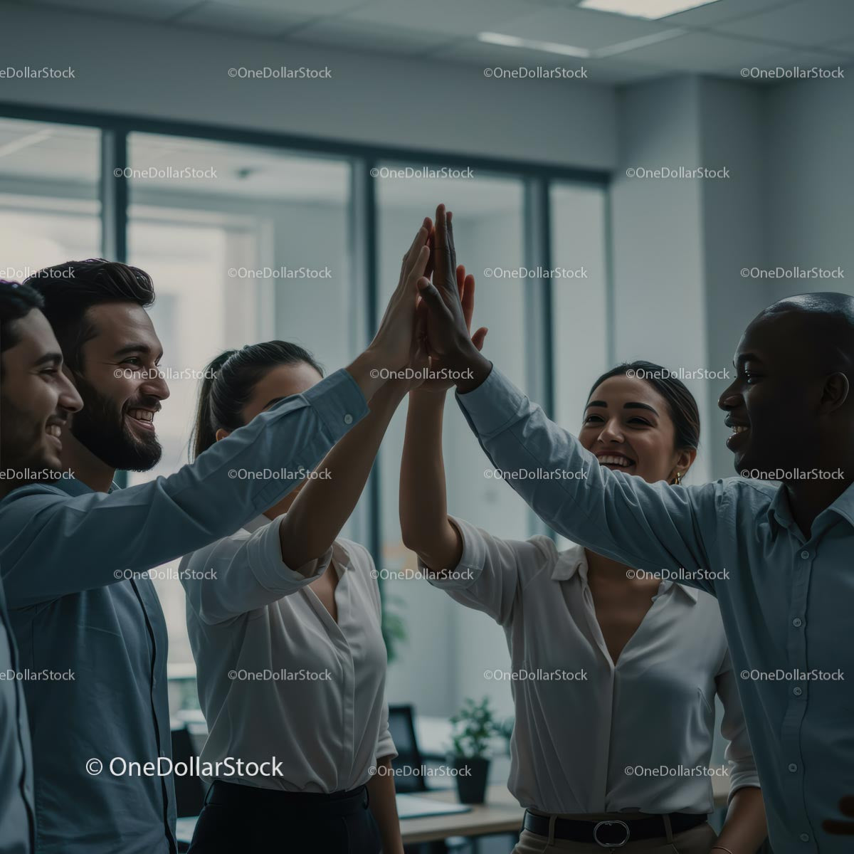 Diverse Team Celebrating Success with High Five in Office