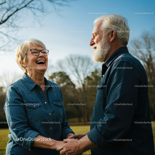 Elderly Couple Laughing Together in a Sunlit Park