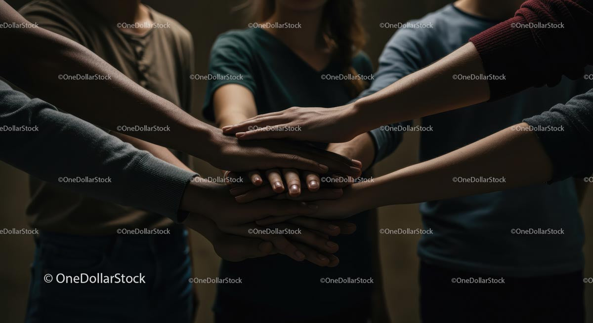 Diverse Group Shows Solidarity with Hands Joined in Unity